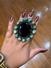 Black Onyx and turquoise round ring